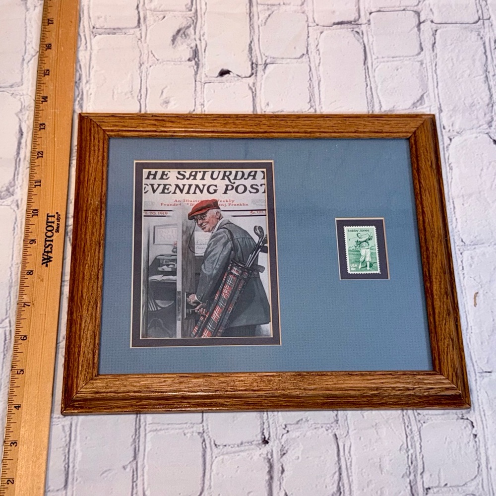 Vtg NORMAN ROCKWELL Sat Evening Post & Bobby Jones 18c Stamp Framed & Matted HTF